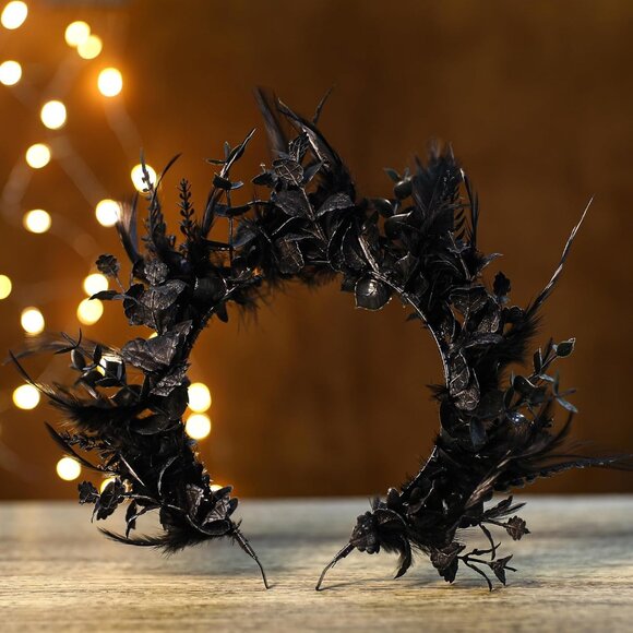 Black Flower Halo Crown - Handmade Gothic Floral Headband with Feather for Women - Picture 4 of 7